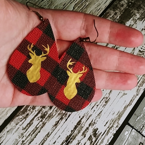 Faux Leather Teardrop Deer Earrings - Picture 3 of 6
